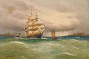 Alfred Jensen Marine mit Segelbooten, im Hintergrund Stadtsilhouette. oil painting on canvas